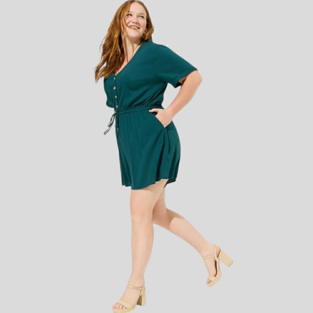 6X 30W Torrid Teal Button Front Romper Slub Rayon Pockets Tie Waist Lightweight